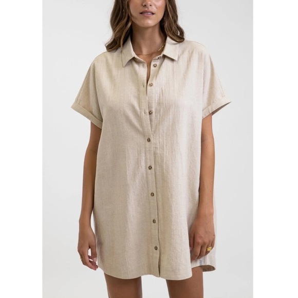 Rhythm. Classic Linen Cotton Shirt Dress in Cream Women’s Size Medium - Picture 1 of 12